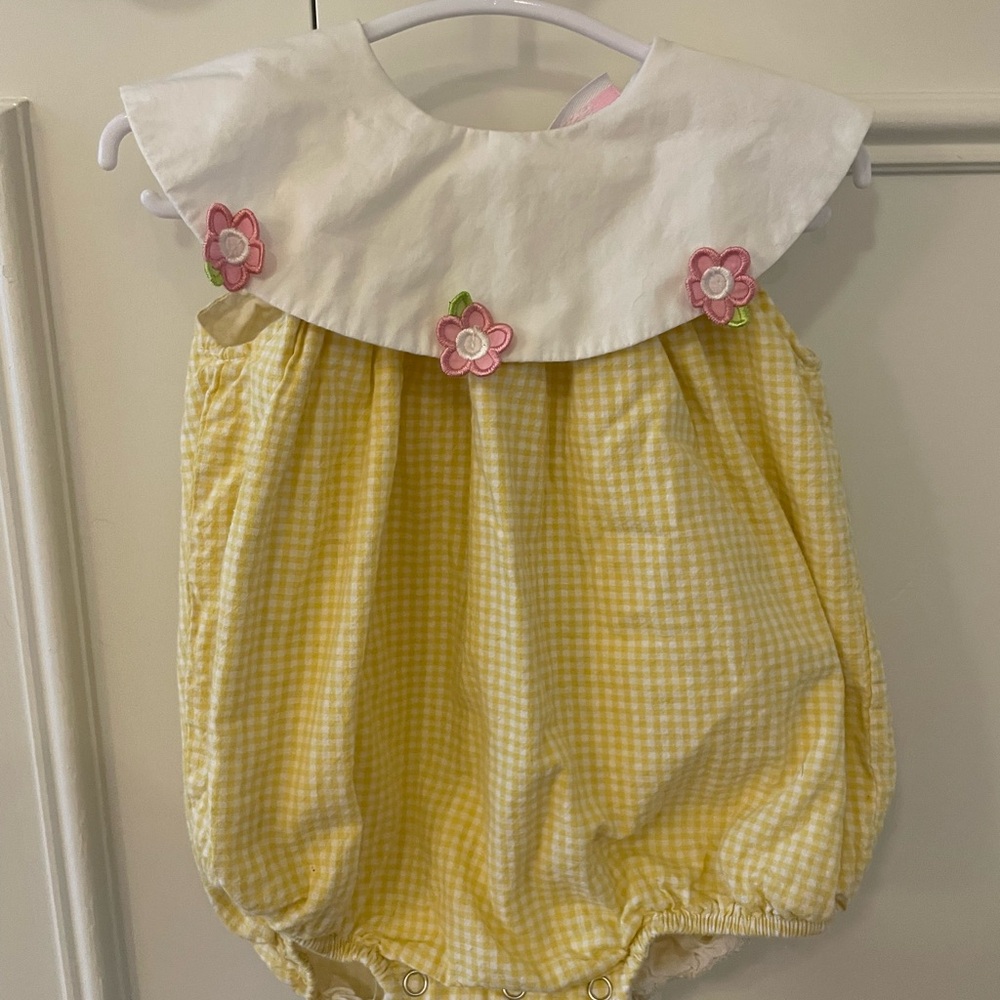 Stitchy Fish Yellow Gingham Baby Romper with Floral Accents 6 month